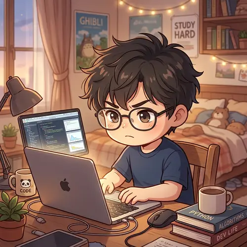 Chipi-Style Anime Boy in Dark Blue T-Shirt Working on Laptop