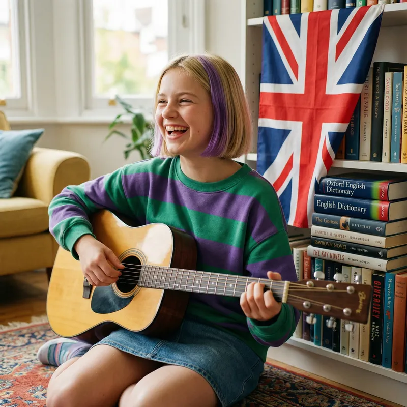 Caucasian Girl Playing Guitar in Living Room