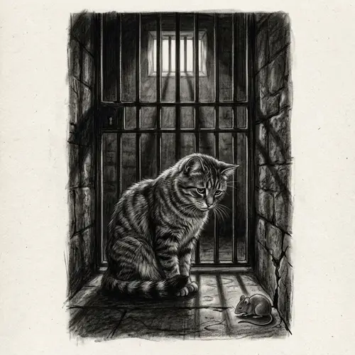 Melancholic Cat in a Grayscale Prison Cell