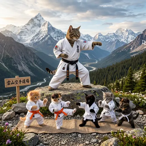 Karate Cat with Black Belt in Mountains | Kittens with Belts