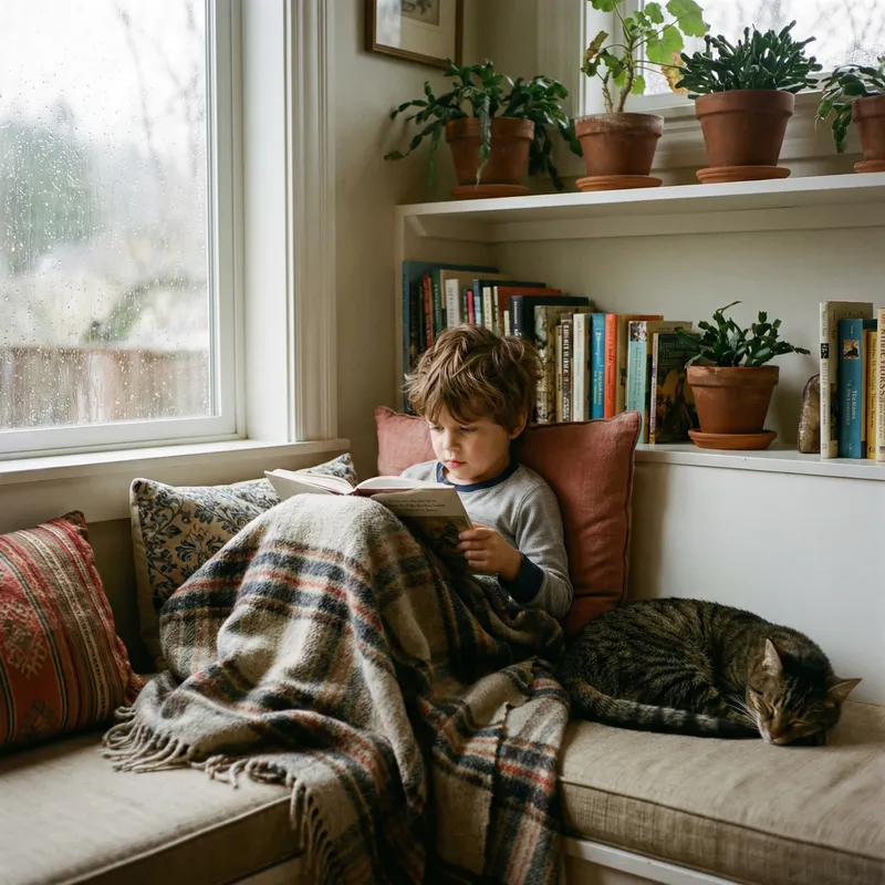 Realistic Image of Boy Sitting in Cozy Corner Inside House | Free Download