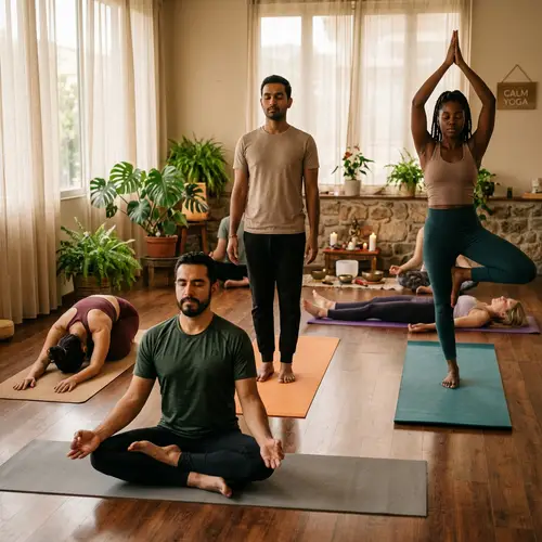 Tranquil Yoga Class: Diverse Students Meditating in Various Poses