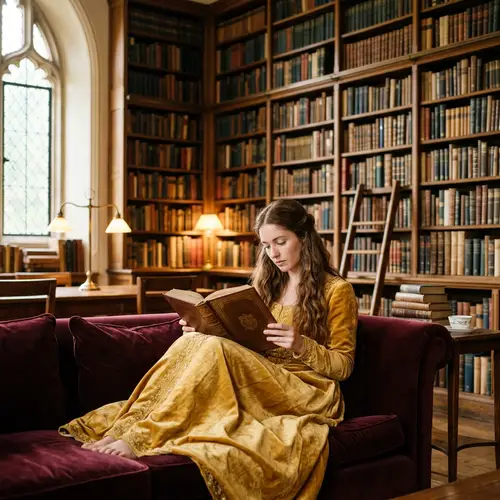 Library Scene with Female Character Reading a Book