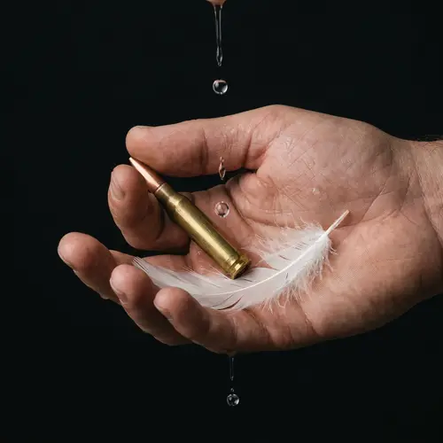 Human Hand with Ammunition Cartridge, White Feather, Tears - Emotional Image