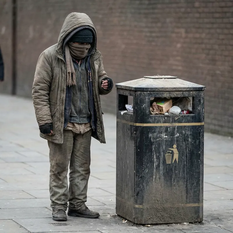 Homeless Person Against Dusty Trash Can