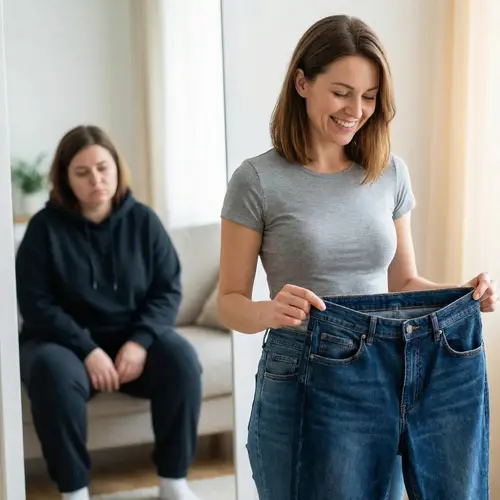 30s Caucasian Woman Weight Loss Transformation in Casual Clothes | Realistic 4K Image
