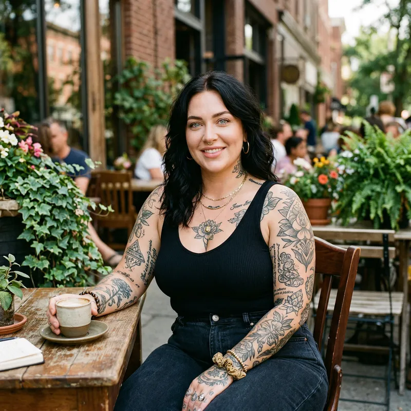 Curvy Woman with Dark Hair and Tattoos