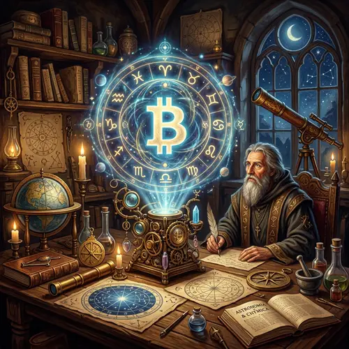 Alchemist's Study with Bitcoin Symbol and Astrological Signs