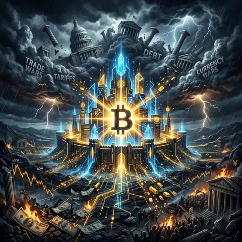 Futuristic Bitcoin Fortress in a Financial Storm