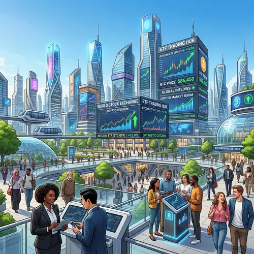 Futuristic City Skyline with Bitcoin ETFs Data