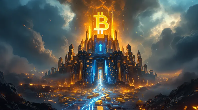 Futuristic Bitcoin Fortress in a Financial Storm