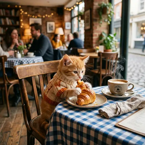 Adorable Kitten in Sweater Enjoying Croissant in Cozy Cafe