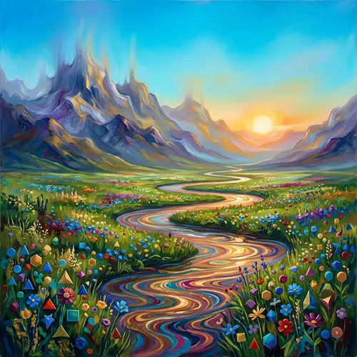 Abstract Landscape Art: Surreal Mountains, Meadow, River