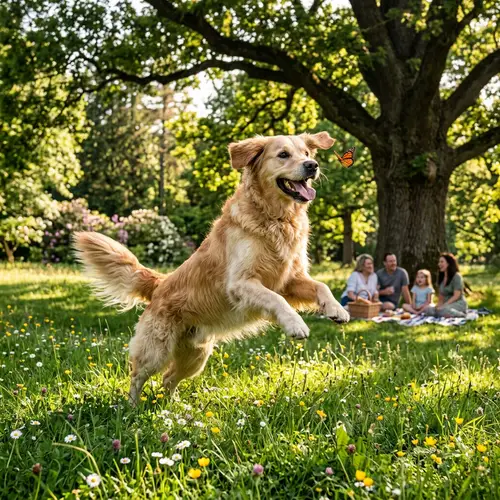 Lovable Golden Retriever Catching Butterfly in Park