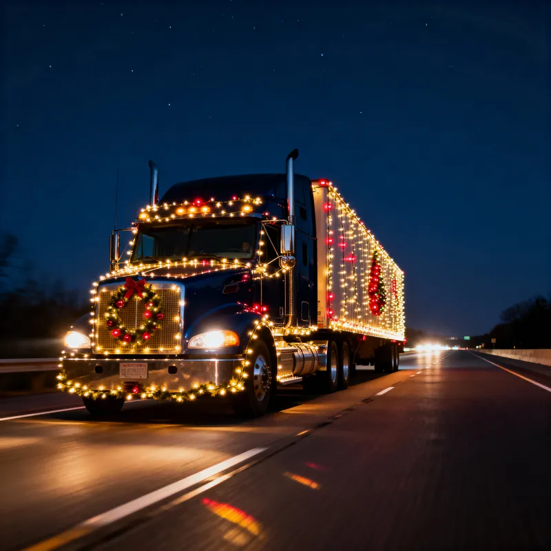 Christmas Truck on Highway at Night