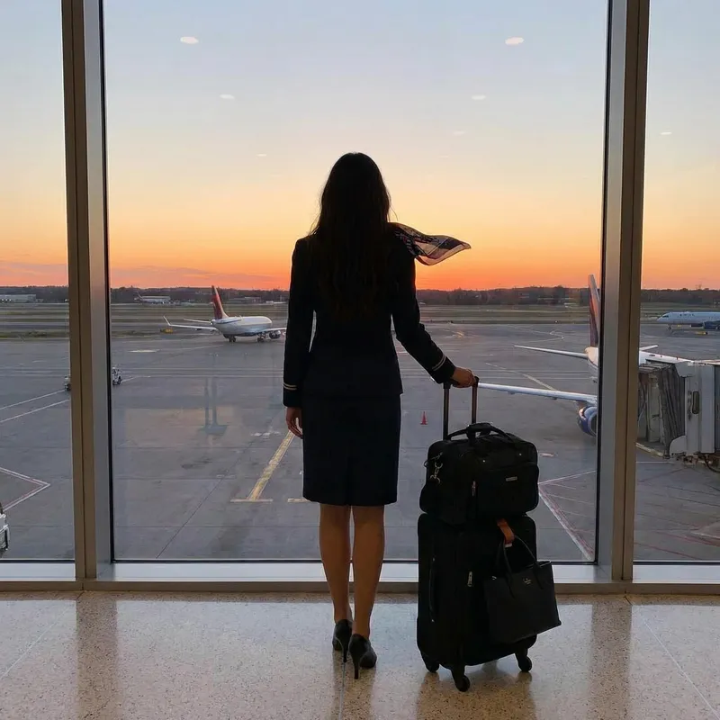 Caucasian Flight Attendant | Pale Skin, Dark Hair, Sunset View
