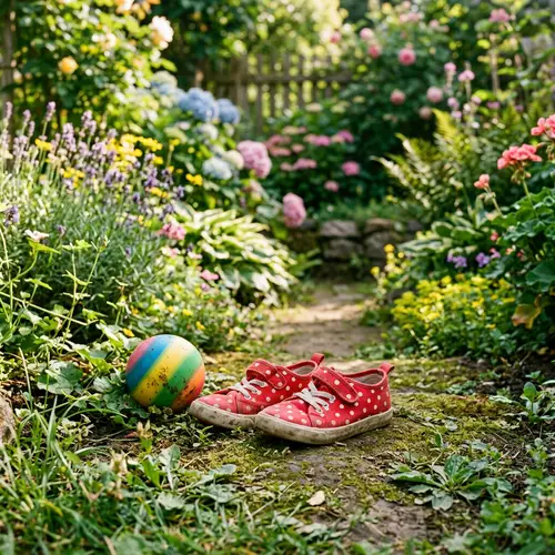 Vibrant Red Child Shoes in Sunny Garden | Playful Polka Dots