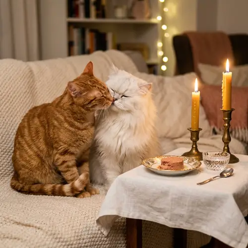 Romantic Date Scene of Orange and Persian Cats | Gourmet Cat Dining