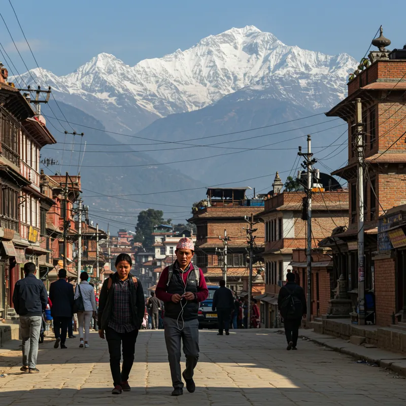 Vibrant Nepali Street Scene with Himalayas Vibrant Nepali Street Scene with Himalayas