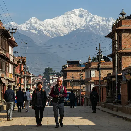 Vibrant Nepali Street Scene with Himalayas