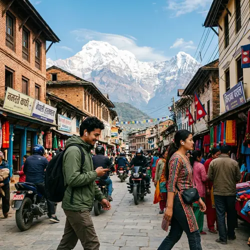 Vibrant Nepali Street Scene with Himalayas