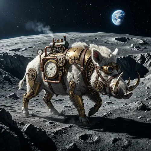 Steampunk Moon Landscape: White Boar with Victorian Machinery