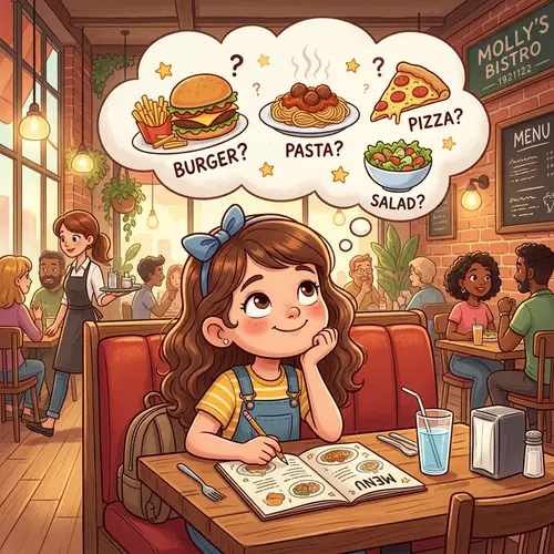 Cartoon Girl Choosing Restaurant Order