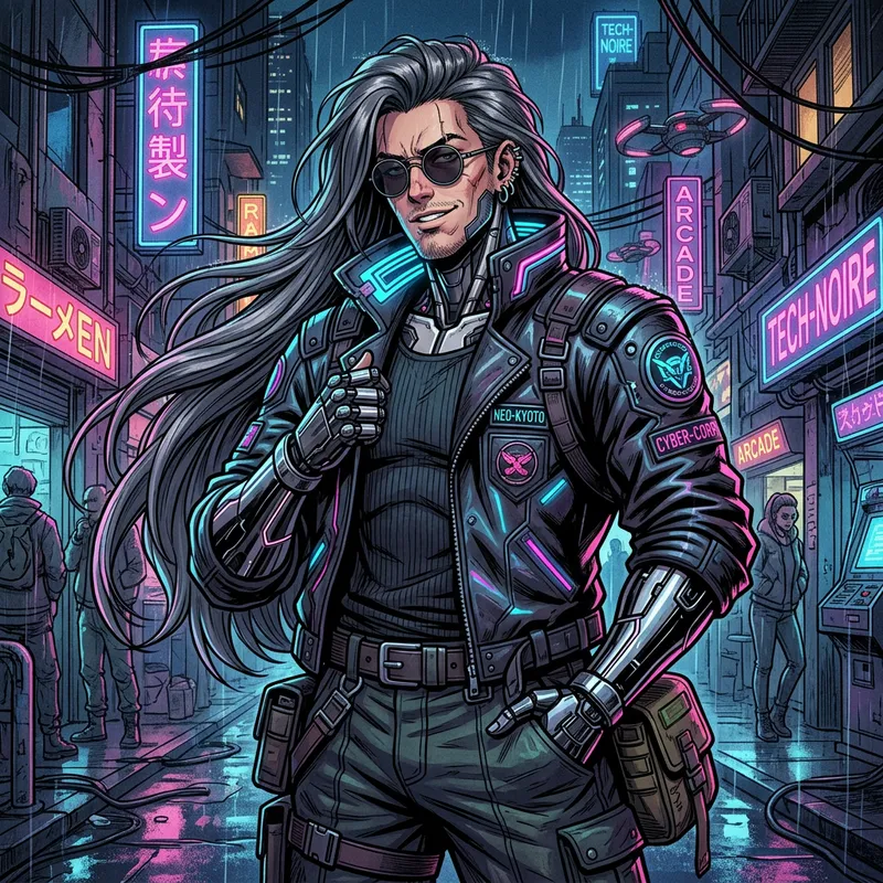 Cybernetic Male Character in Gloomy Cyberpunk Style