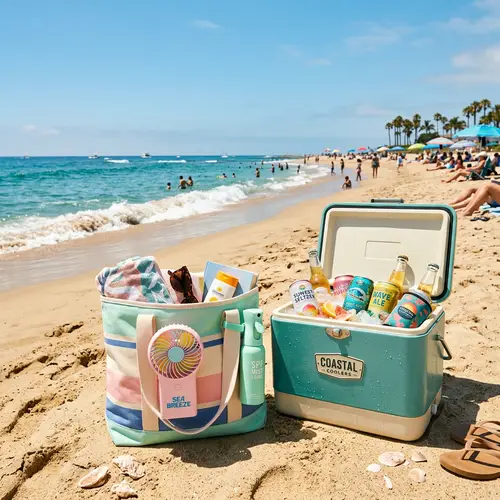 Vibrant Beach Scene with Pastel Beach Bag, Cooler, and Refreshments