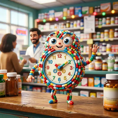Adorable 3D Animated Clock Character in Pharmacy