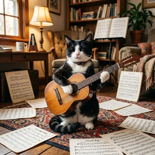 Adorable Tuxedo Cat Plays Guitar Melodies