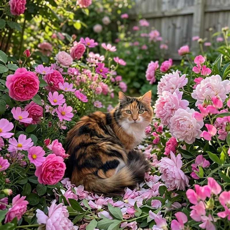 Adorable Cat with Pink Blossoms