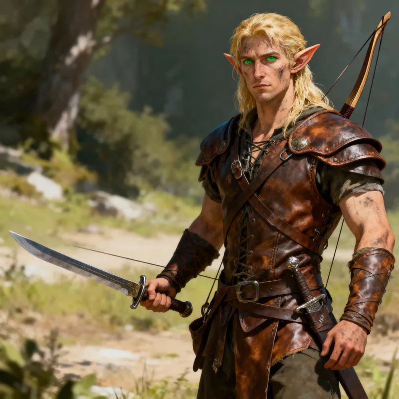 6 Feet Half-Elf with Blond Hair and Leather Gear