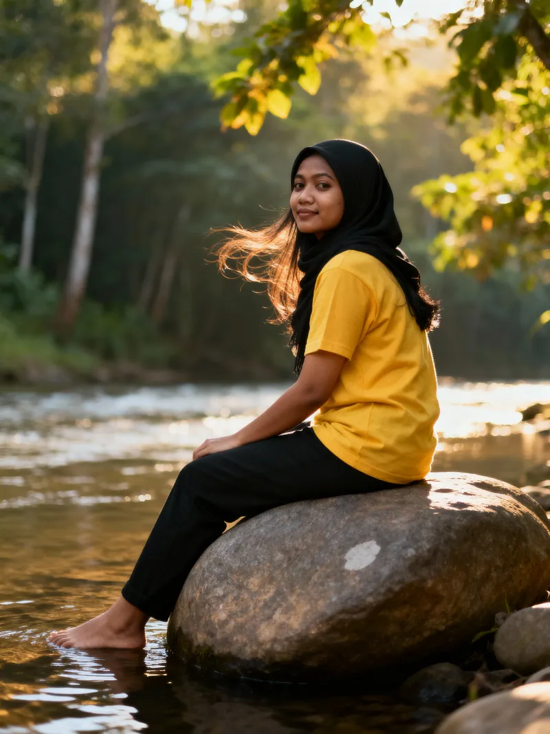 Malay Woman by the River: A Scenic Forest Escape Malay Woman by the River: A Scenic Forest Escape