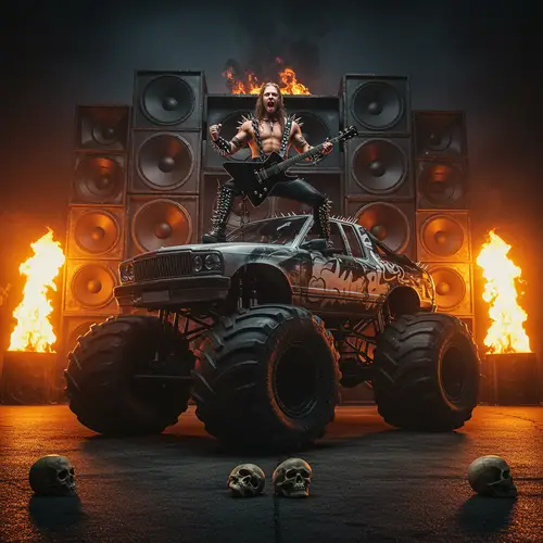 Epic Monster Truck with Hair Metal Guitarist