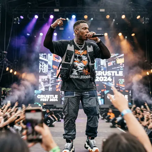 21 Savage | Energetic Rapper in Streetwear Fashion on Stage