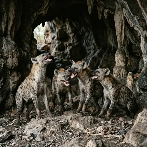Laughing Hyenas in Cave: Grey-Brown Fur, Spots, Large Ears