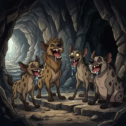 Boisterous Hyenas Laughing in Dimly Lit Cave