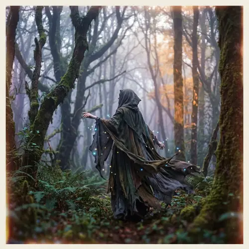Mysterious Figure in Misty Forest | Surreal Vintage Composition