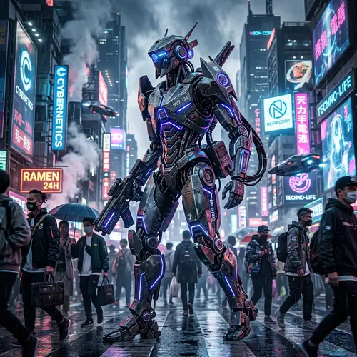 Cyberpunk Robot in Dystopian Cityscape