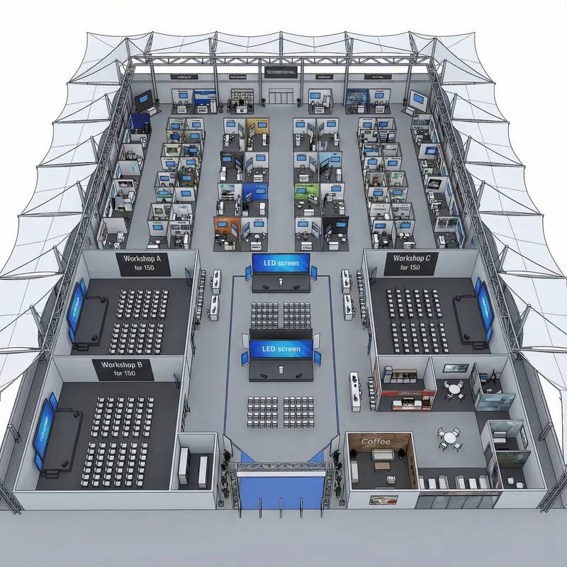 Tech Exhibition Hall Design with Workshops and Stalls Tech Exhibition Hall Design with Workshops and Stalls