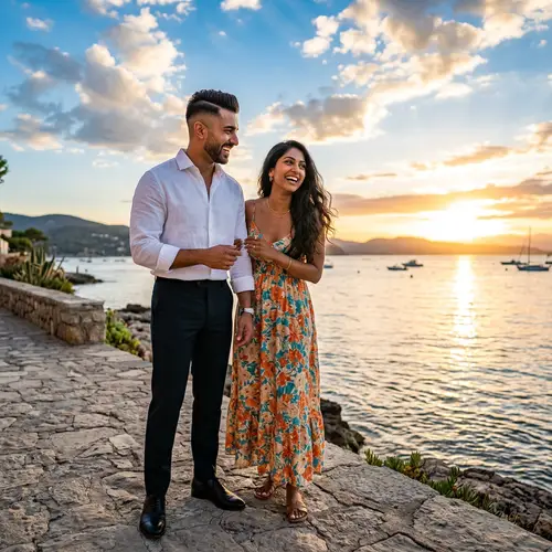 Stylish Couple by Tranquil Sea at Sunset | Summer Beach Scene