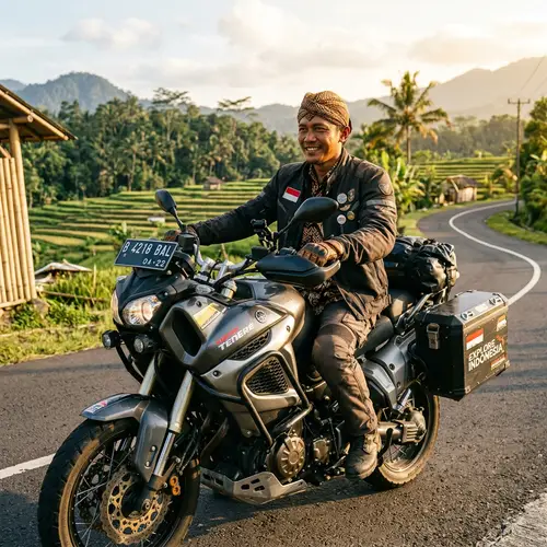 Indonesian Individual with Traditional Hat Riding Large Motorcycle