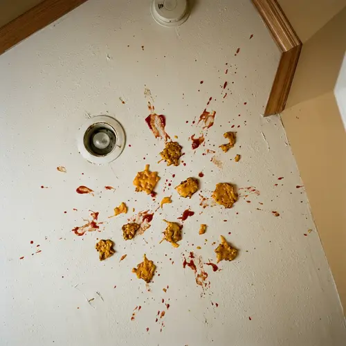 Rich Golden Cheese and Vibrant Ketchup on Ceiling