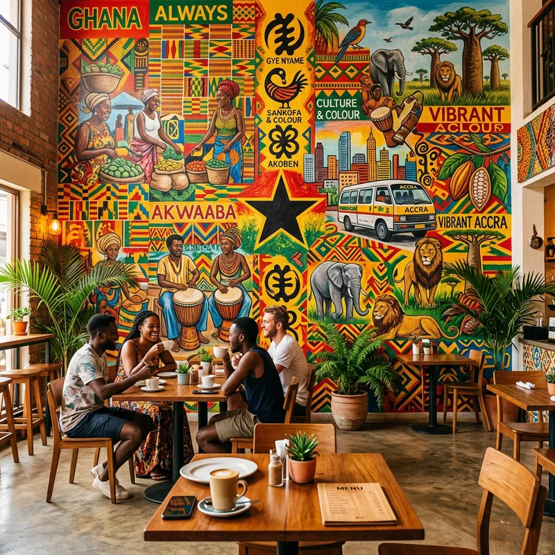 Vibrant Wall Mural for Cafe in Accra, Ghana