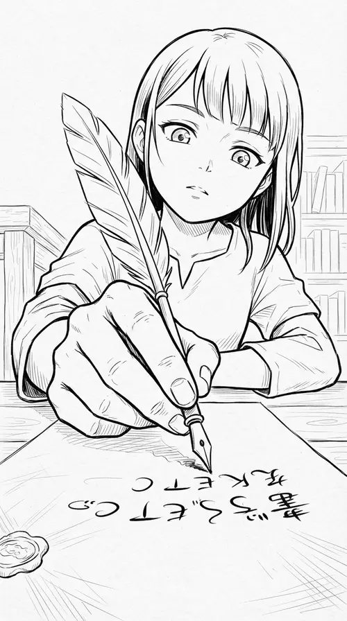 Easy Black & White Anime Sketch of Girl Writing