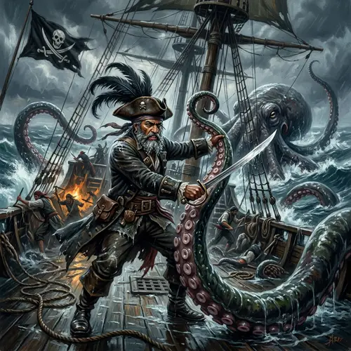 Swashbuckling Pirate Battles Kraken in Open Seas