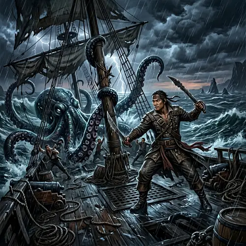 Dark Fantasy Pirate Battling Kraken Scene