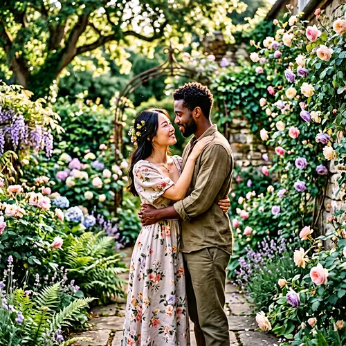 Romantic Asian Woman & Black Man Couple Embracing in Secluded Garden