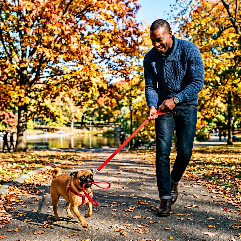 Caramel Pug Walking Man | Urban Park Fall Scene Caramel Pug Walking Man | Urban Park Fall Scene